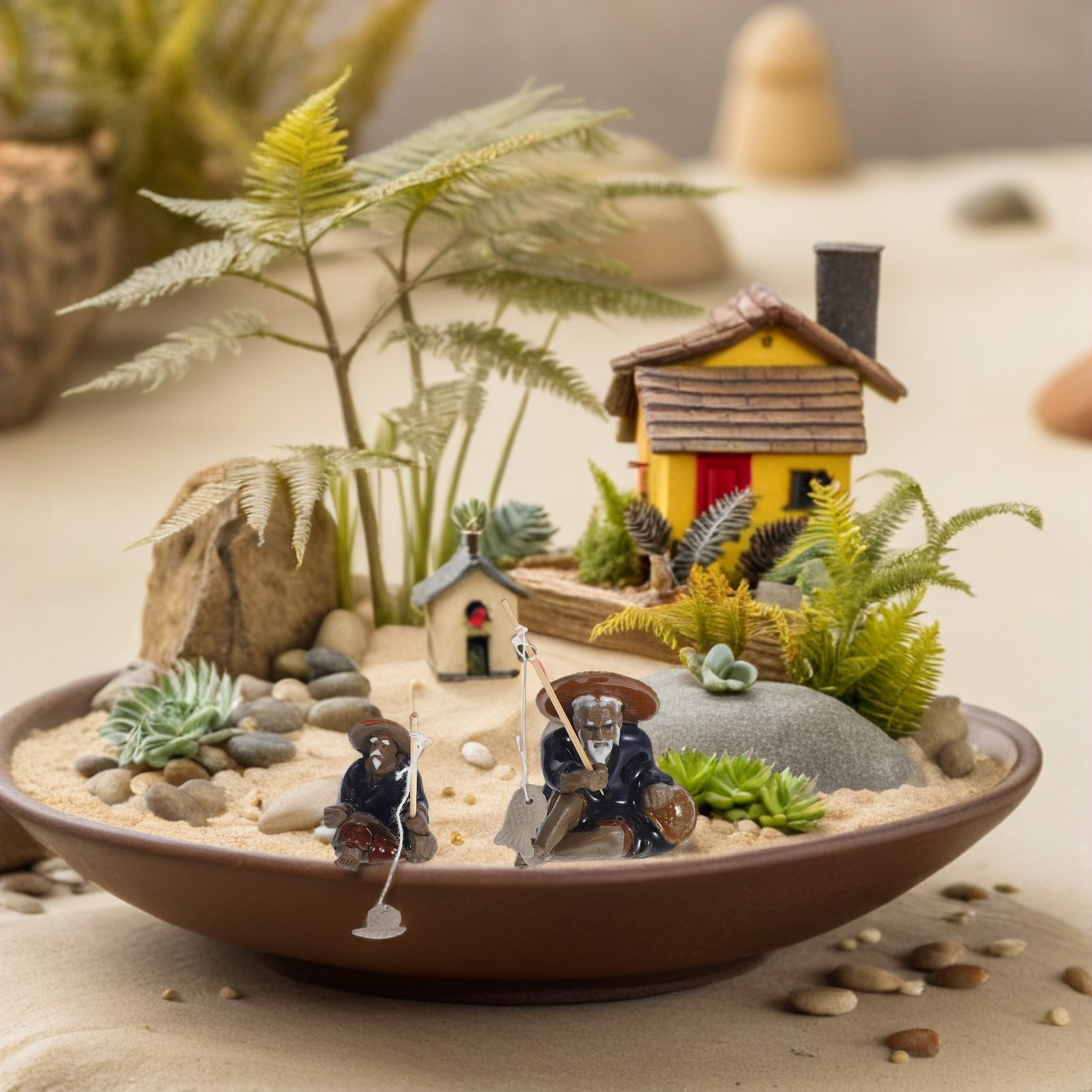 Mini Bonsai Zen Garden - ชุดฟิกเกอร์จิ๋วชาวประมงสวนเซน 2 ชิ้น ของตกแต่งภูมิทัศน์บอนไซ เครื่องปั้นดินเผาจีน ของตกแต่งจิ๋ว